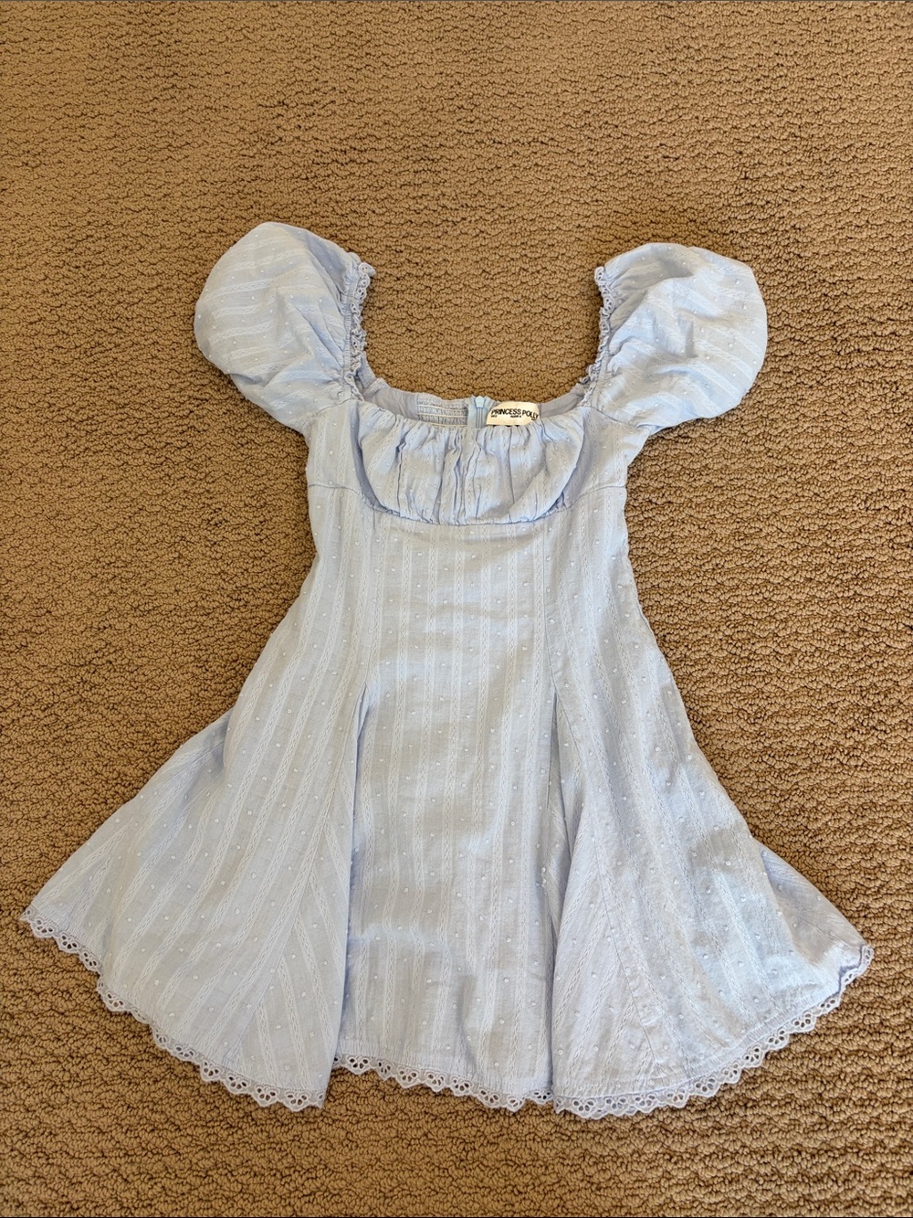 Women’s blue mini dress - puffed sleeve, runched back, fit & flare, lace, detail